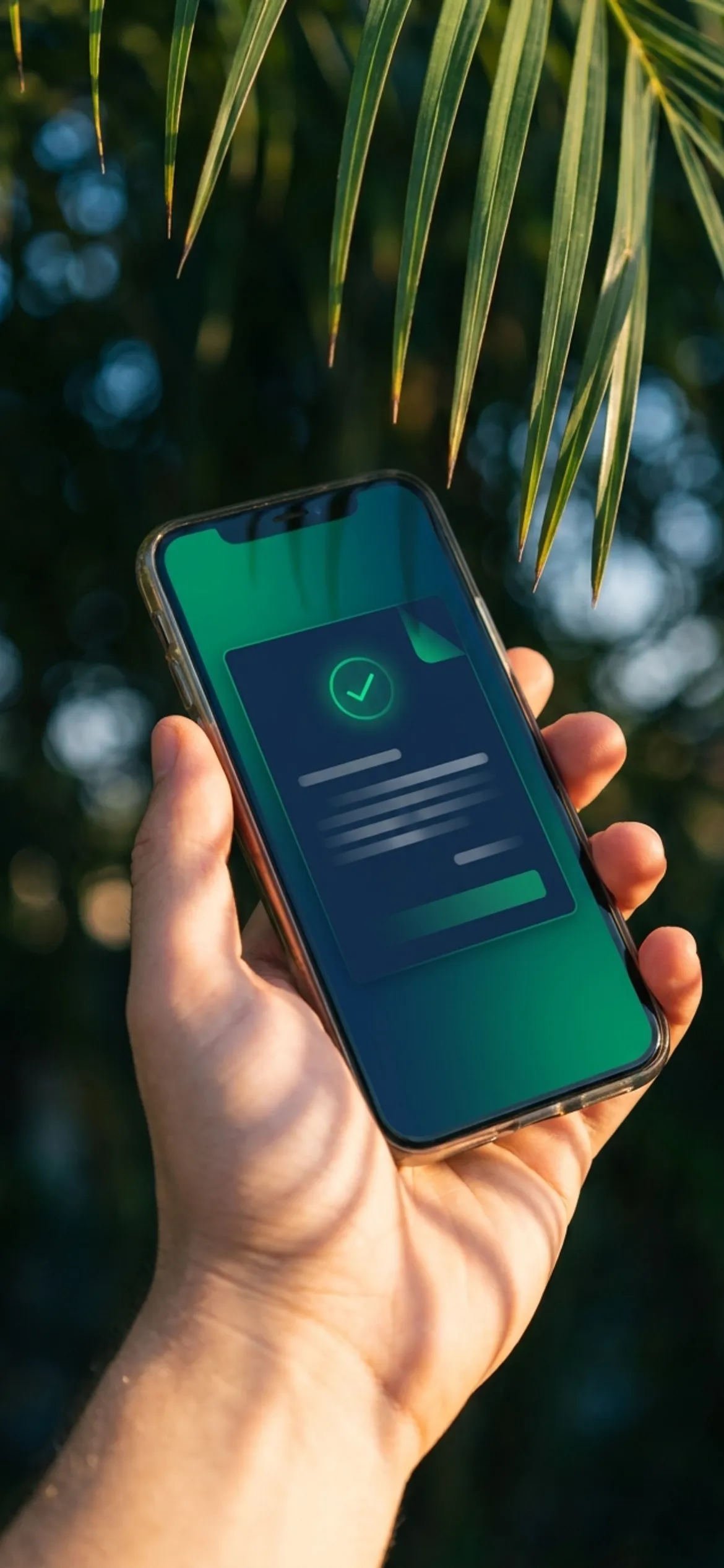 A phone held under palm fronds showing an approved permit document